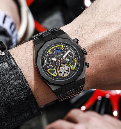 Men’s Luxury Tourbillon Watch – Rubber Strap, Moon Phase, Automatic