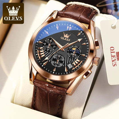 OLEVS Luxury Men's Quartz Watch – Waterproof, Leather Strap, High Quality