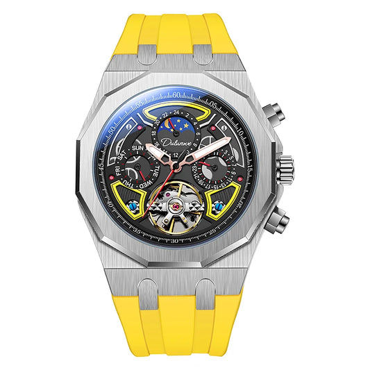 Men’s Luxury Tourbillon Watch – Rubber Strap, Moon Phase, Automatic