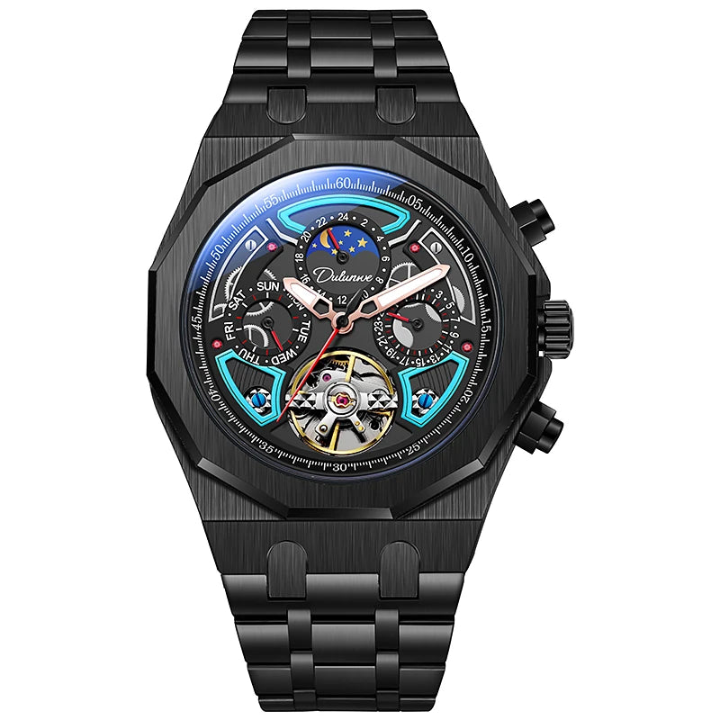 Men’s Luxury Tourbillon Watch – Rubber Strap, Moon Phase, Automatic