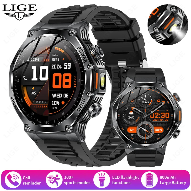 LIGE 2025 Men's Smartwatch – 1.8" Display, LED Flashlight, BT Calling, 800mAh Battery