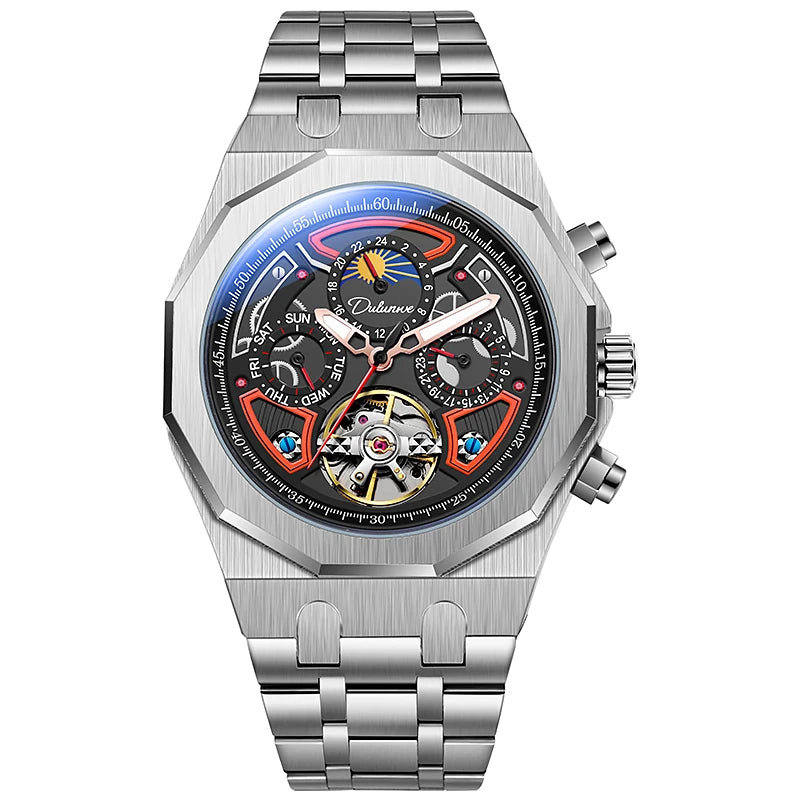Men’s Luxury Tourbillon Watch – Rubber Strap, Moon Phase, Automatic