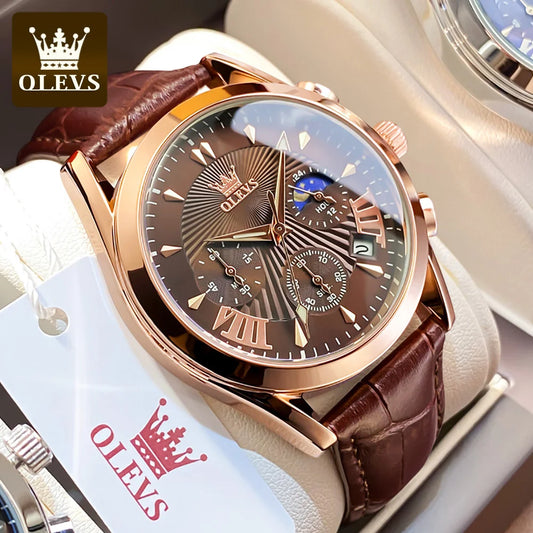 OLEVS Luxury Men's Quartz Watch – Waterproof, Leather Strap, High Quality